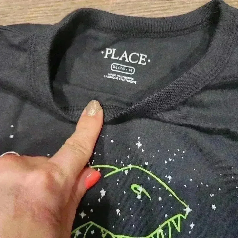 Children's Place Boys XL 14 Long Sleeve Tee Dark Grey Green Dinosaur